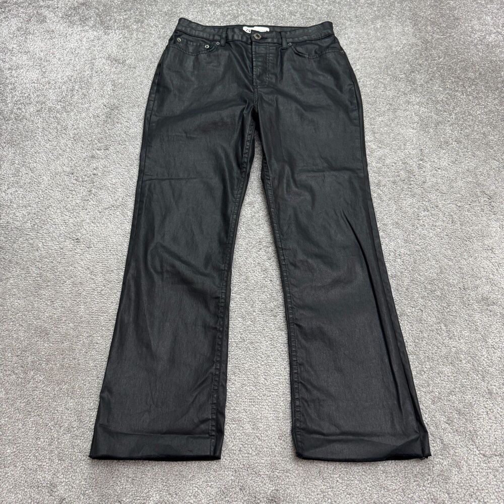 Zara The Dreed Flare Coated Faux Leather Pants Womens 8 Black Raw Hem Stretch